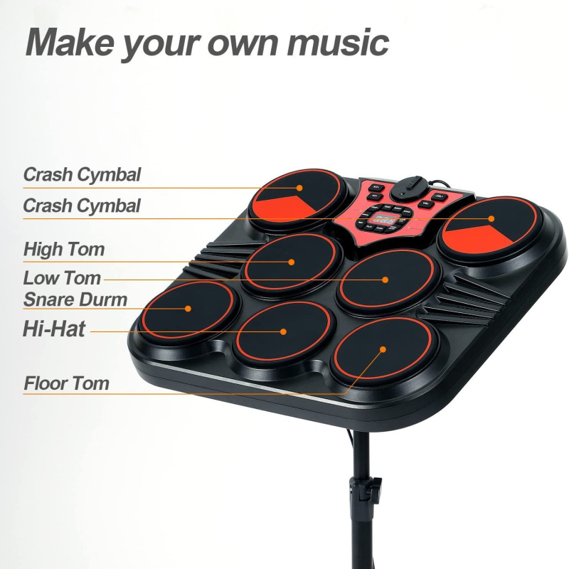 BOLAI Ηλεκτρονικό σετ ντραμς R7113, 7 τεμάχια με καουτσούκ πλάκες, πολυφωνία 16