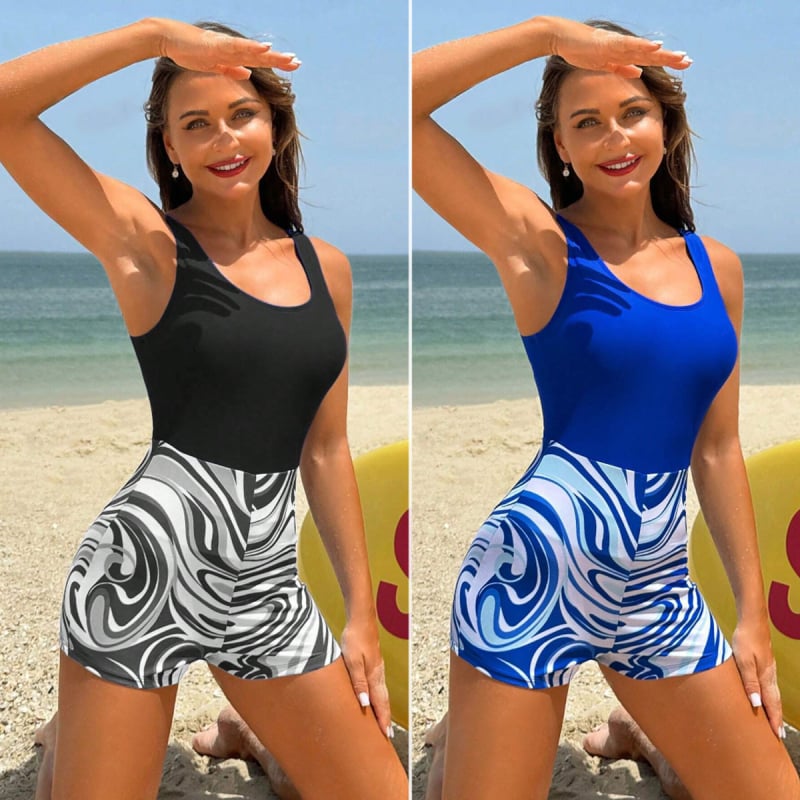 Costum de baie întreg cu talie înaltă, model în blocuri, material nailon, căptușeală din poliester cu elastan, cupă cu burete