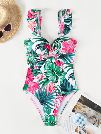 Γυναικείο ολόσωμο μαγιό – Εκτύπωση τροπικών φυτών, ανοιχτή πλάτη, κόμβος, με επένδυση για το στήθος, 82% πολυεστέρας