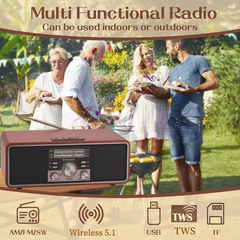 Ξύλινο ρετρό Bluetooth ηχείο με δύο ηχεία, ραδιόφωνο και θύρα SD, 10W, τροφοδοσία USB, Bluetooth 5.3