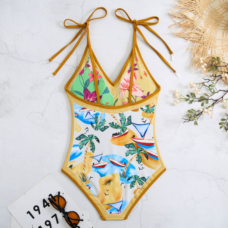 Costum de baie întreg pentru femei, imprimeu tropical, cu cupe buretate, din poliester cu elastan, fără suport metalic, fără mâneci