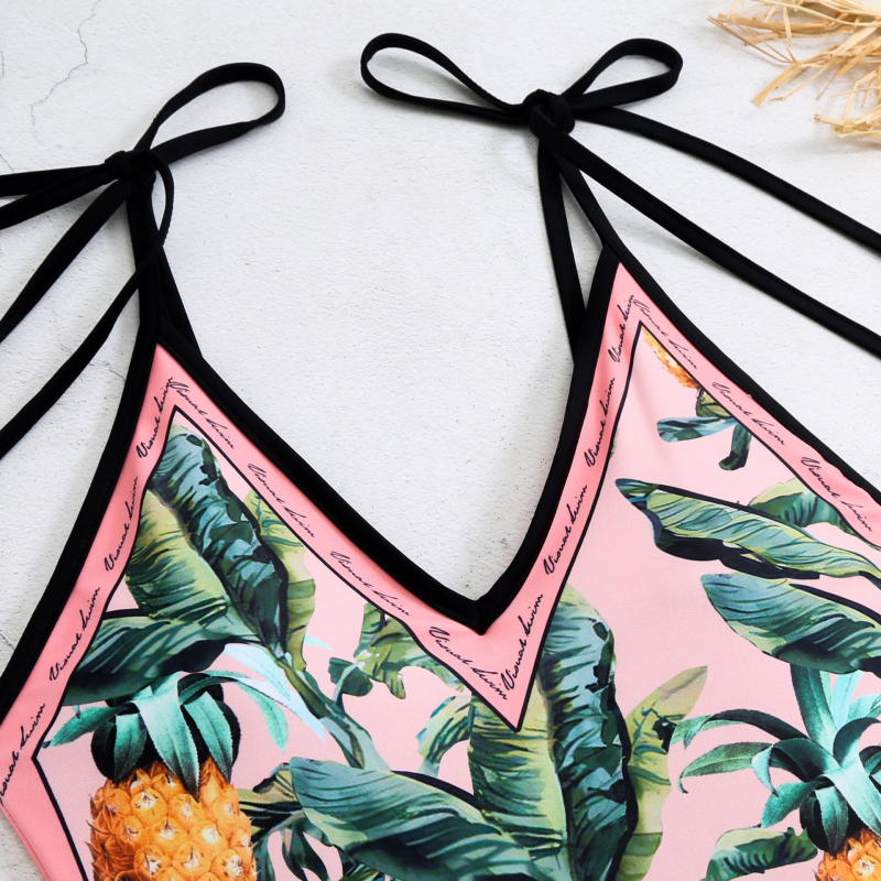 Costum de baie întreg pentru femei, imprimeu tropical, cu cupe buretate, din poliester cu elastan, fără suport metalic, fără mâneci