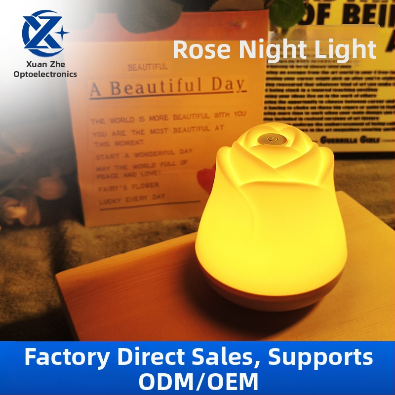 Rožės formos LED naktinė lempa naktiniam staliukui – įkraunama, švelni šviesa, akių apsauga, šiuolaikiškas minimalistinis stilius