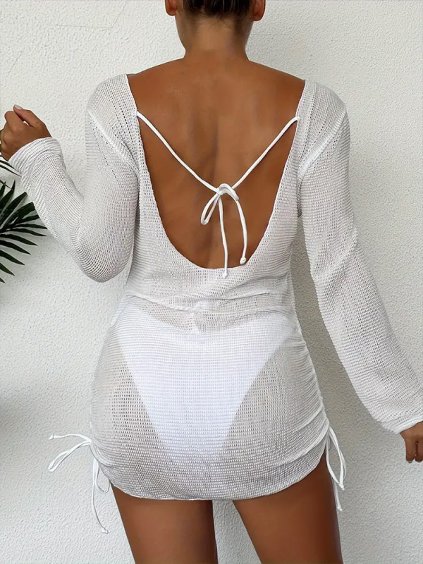 Moteriški atvirų nugarų bikini maudymosi kostiumas su megztu audiniu, ilgomis rankovėmis, paplūdimio užtiesalas — 3 dalių rinkinys; išorinis audinys poliesteris, pamušalas poliesteris su elastanu; krūties pagalvėlės įtrauktos