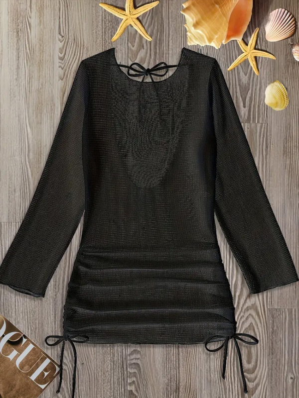 Moteriški atvirų nugarų bikini maudymosi kostiumas su megztu audiniu, ilgomis rankovėmis, paplūdimio užtiesalas — 3 dalių rinkinys; išorinis audinys poliesteris, pamušalas poliesteris su elastanu; krūties pagalvėlės įtrauktos