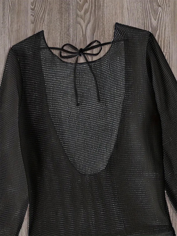 Moteriški atvirų nugarų bikini maudymosi kostiumas su megztu audiniu, ilgomis rankovėmis, paplūdimio užtiesalas — 3 dalių rinkinys; išorinis audinys poliesteris, pamušalas poliesteris su elastanu; krūties pagalvėlės įtrauktos