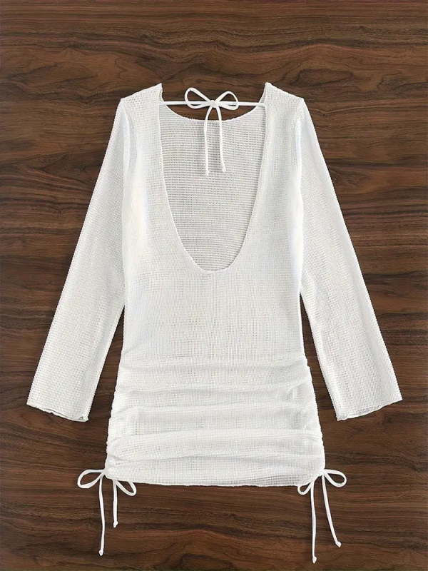 Moteriški atvirų nugarų bikini maudymosi kostiumas su megztu audiniu, ilgomis rankovėmis, paplūdimio užtiesalas — 3 dalių rinkinys; išorinis audinys poliesteris, pamušalas poliesteris su elastanu; krūties pagalvėlės įtrauktos