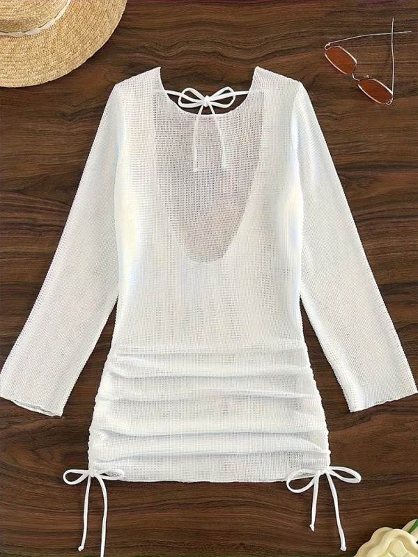 Moteriški atvirų nugarų bikini maudymosi kostiumas su megztu audiniu, ilgomis rankovėmis, paplūdimio užtiesalas — 3 dalių rinkinys; išorinis audinys poliesteris, pamušalas poliesteris su elastanu; krūties pagalvėlės įtrauktos