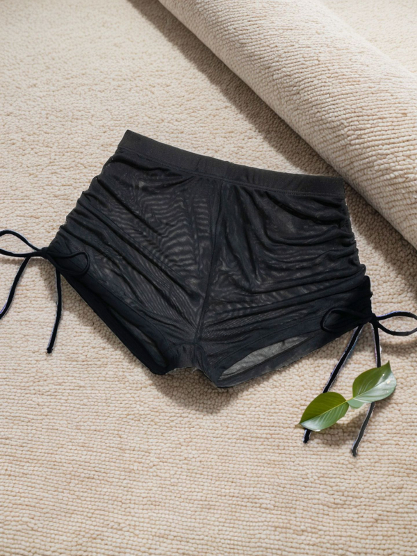 Γυναικείο μαγιό: πολυεστερικό ύφασμα, μονόχρωμο σχέδιο, σορτς από διχτυωτό ύφασμα με κορδόνι και μπλούζα παραλίας για κολύμβηση