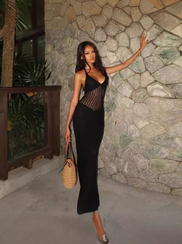 Rochie tricotată din poliester, halter, fără mâneci, fără spate, croială strânsă