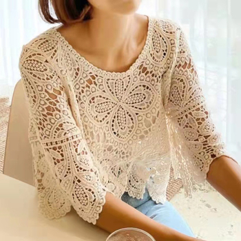 Μπλούζα δαντέλα με κροσέ - μίξη βαμβακιού/ακρυλικού, μανίκια 3/4, στρογγυλή λαιμόκοψη, χαλαρή γραμμή