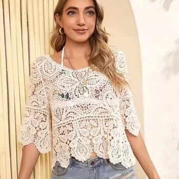 Μπλούζα δαντέλα με κροσέ - μίξη βαμβακιού/ακρυλικού, μανίκια 3/4, στρογγυλή λαιμόκοψη, χαλαρή γραμμή