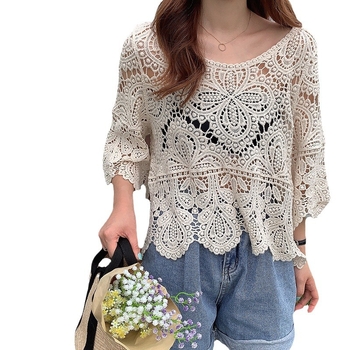 Μπλούζα δαντέλα με κροσέ - μίξη βαμβακιού/ακρυλικού, μανίκια 3/4, στρογγυλή λαιμόκοψη, χαλαρή γραμμή