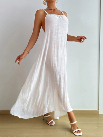 Μακριά φόρεμα με halter-neck και ανοιχτή πλάτη, φαρδιά φούστα, για διακοπές στην παραλία, ύφασμα 95% πολυεστέρας, επένδυση 5% σπαντέξ