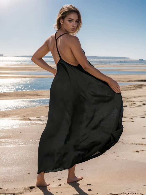 Μακριά φόρεμα με halter-neck και ανοιχτή πλάτη, φαρδιά φούστα, για διακοπές στην παραλία, ύφασμα 95% πολυεστέρας, επένδυση 5% σπαντέξ