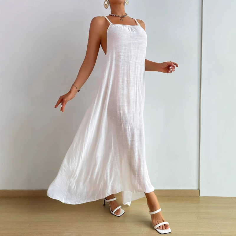 Μακριά φόρεμα με halter-neck και ανοιχτή πλάτη, φαρδιά φούστα, για διακοπές στην παραλία, ύφασμα 95% πολυεστέρας, επένδυση 5% σπαντέξ