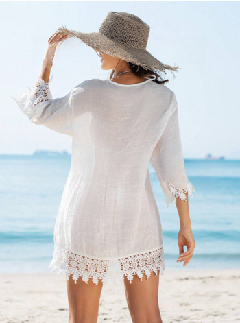 Φόρεμα-πουκάμισο με V-λαιμό και πάνελ δαντέλας, στυλ cardigan, μίντι φούστα με πάνελ, μανίκια 3/4, φαρδιά μέση, ύφασμα πολυεστέρα-ακετάτης ανάμειξη