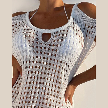 Γυναικείο φόρεμα με διάτρητη πλέξη, ανοιχτούς ώμους, χωρίς μανίκια, λαιμό σε σχήμα U, μεσαίου μήκους, βαμβάκι-ελαστάν ανάμειξη