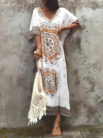 Etno stiliaus paplūdimio suknelė su spauda iš rayon audinio ir medvilnine įdaila, 250 g, suaugusioms moterims, tinkama plaukimo ir žingsniavimui vandenyje.