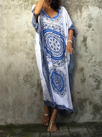 Etno stiliaus paplūdimio suknelė su spauda iš rayon audinio ir medvilnine įdaila, 250 g, suaugusioms moterims, tinkama plaukimo ir žingsniavimui vandenyje.