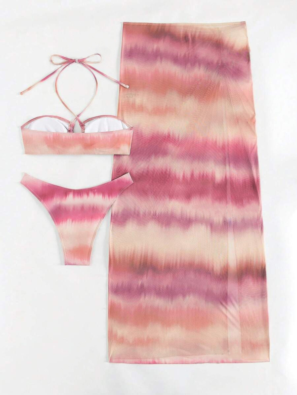 Σετ μπικίνι τριών τεμαχίων με tie-dye print και επενδυμένο πάνω μέρος; ύφασμα 82% πολυεστέρας, 18% σπάντεξ; υψηλή ελαστικότητα