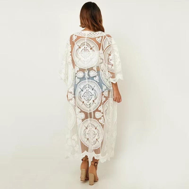 Moteriška pliažo užuolaidinė palaidinė su mezginiu siuvinėjimu, atviras raštas, apsauga nuo saulės išorė (medvilnė, 65% medvilnė, 200 gsm, 18–40 m. moterims, stilius: pliažo komplektas su šortais)