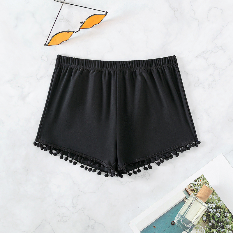 Șorturi de baie pentru femei din nylon, cu accesorii pom-pom; exterior 80% nylon, căptușeală nylon 20%; fără suport metalic; fără bureți pentru sâni; potrivite pentru înot.