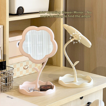 Слънчогледово настолно огледало за грим – въртящо се, с отделение за съхранение, пластмасова рамка, не електрическо, подходящо за спалня, дневна и баня