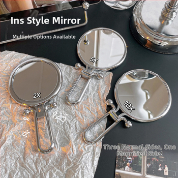Козметично огледало, двустранно, сгъваемо, преносимо — за ръчно и настолно използване; ABS рамка, сребърно огледало.