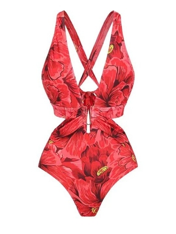 Ολόσωμο μαγιό με βαθύ V-λαιμό και ανοιχτή πλάτη, εκτυπωμένο σχέδιο, με επένδυση για το στήθος.