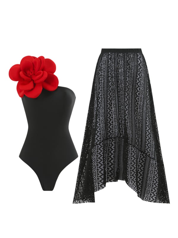 Γυναικείος ολόσωμος μαγιό με μακριά φούστα και 3D μεγάλα λουλούδια; ύφασμα πολυεστέρα 82%, επένδυση πολυεστέρα/ελαστάν 18%; βάρος 350 g; ενίσχυση στήθους με επένδυση χωρίς μεταλλική υποστήριξη.