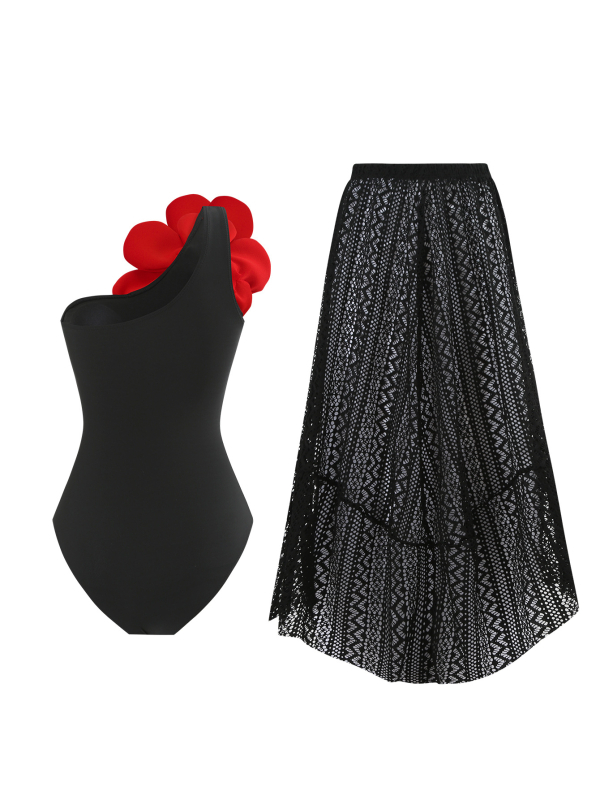 Γυναικείος ολόσωμος μαγιό με μακριά φούστα και 3D μεγάλα λουλούδια; ύφασμα πολυεστέρα 82%, επένδυση πολυεστέρα/ελαστάν 18%; βάρος 350 g; ενίσχυση στήθους με επένδυση χωρίς μεταλλική υποστήριξη.