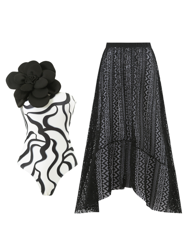 Γυναικείος ολόσωμος μαγιό με μακριά φούστα και 3D μεγάλα λουλούδια; ύφασμα πολυεστέρα 82%, επένδυση πολυεστέρα/ελαστάν 18%; βάρος 350 g; ενίσχυση στήθους με επένδυση χωρίς μεταλλική υποστήριξη.