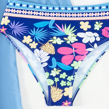 Τριών τεμαχίων γυναικείος μαγιό μπικίνι με εκτύπωση, διχτυωτή φούστα για την παραλία, επένδυση στο στήθος, πολυεστερικό ύφασμα