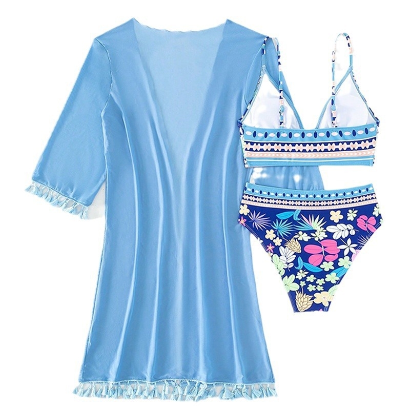 Τριών τεμαχίων γυναικείος μαγιό μπικίνι με εκτύπωση, διχτυωτή φούστα για την παραλία, επένδυση στο στήθος, πολυεστερικό ύφασμα