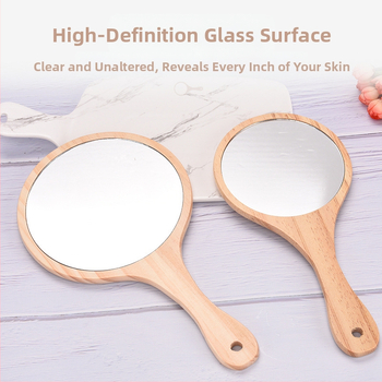 Огледало за грим с дървена рамка и дръжка, кръгло сребърно огледало, за спалня, възможност за печат на лого