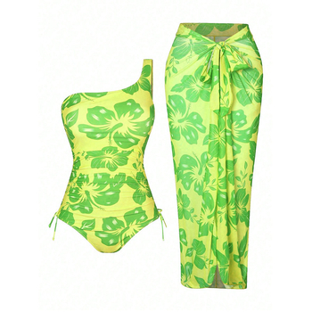 Egyrészes fürdőruha egy vállon, mintázat, beépített melltartó párnázással, poliészter anyagú bélés.