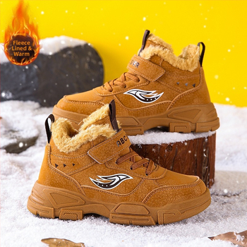 Χειμερινά παπούτσια πεζοπορίας για αγόρια, επάνω μέρος από συνθετικό δέρμα, θερμή μόνωση, κλείσιμο Velcro, σόλα από σύνθετο υλικό, μονοχρωμο σχέδιο