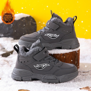 Χειμερινά παπούτσια πεζοπορίας για αγόρια, επάνω μέρος από συνθετικό δέρμα, θερμή μόνωση, κλείσιμο Velcro, σόλα από σύνθετο υλικό, μονοχρωμο σχέδιο