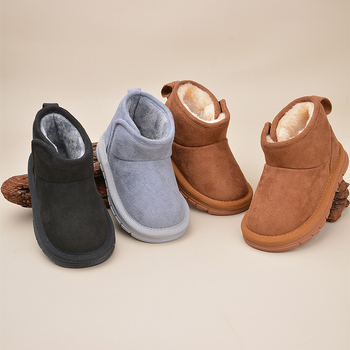 Bērnu ziemas apavi līdz potītēm ar velūra augšdaļu, pūkaina odere, Velcro aizdare, izturīga zole, vecums 1–12 gadi.