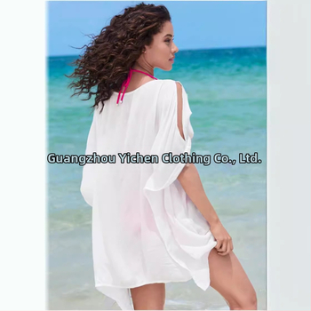 Siuvinėta šifoninė pliažo palaidinė su geometriniu raštu, laisvas kirpimas, V kaklo iškirptė, poliesteris