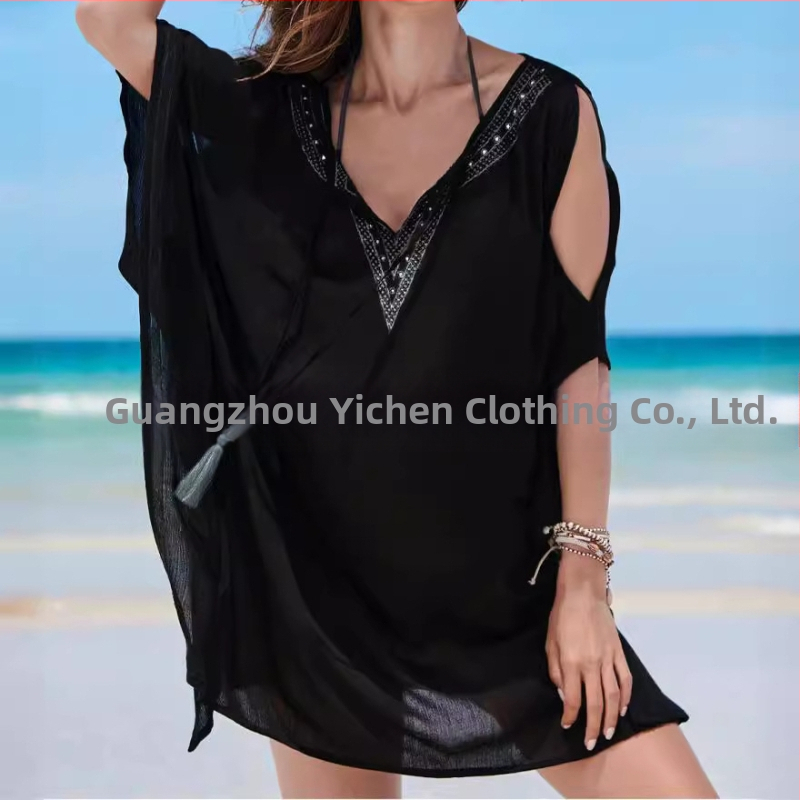 Siuvinėta šifoninė pliažo palaidinė su geometriniu raštu, laisvas kirpimas, V kaklo iškirptė, poliesteris