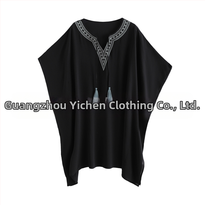 Siuvinėta šifoninė pliažo palaidinė su geometriniu raštu, laisvas kirpimas, V kaklo iškirptė, poliesteris