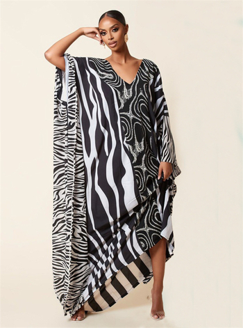 Ilga paplūdimio suknelė-cover up su geometriniu raštu, poliesteris 210 g/m², pamušalas 100% poliesteris, tinkama plaukiojimui ir brisdant vandens