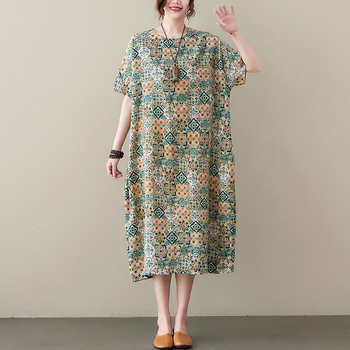 Rochie A-line, imprimeu, poliester, mâneci 3/4, fără guler, lungime midi