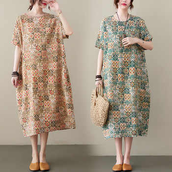 Φόρεμα σε γραμμή Α με εκτύπωση, πολυεστέρας, μανίκια 3/4, χωρίς γιακά, μήκος midi