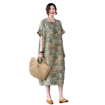 Φόρεμα σε γραμμή Α με εκτύπωση, πολυεστέρας, μανίκια 3/4, χωρίς γιακά, μήκος midi