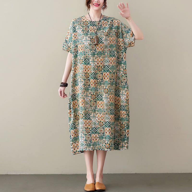 Rochie A-line, imprimeu, poliester, mâneci 3/4, fără guler, lungime midi