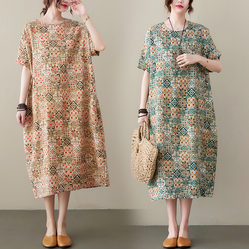 Rochie A-line, imprimeu, poliester, mâneci 3/4, fără guler, lungime midi