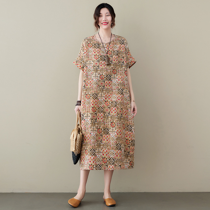 Rochie A-line, imprimeu, poliester, mâneci 3/4, fără guler, lungime midi